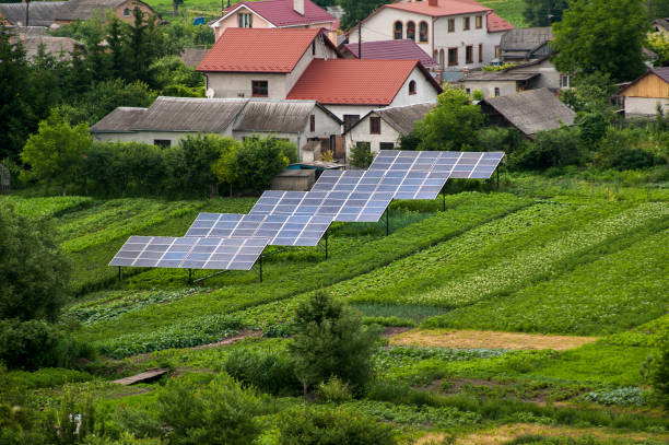 Solar panels powering homes in a village