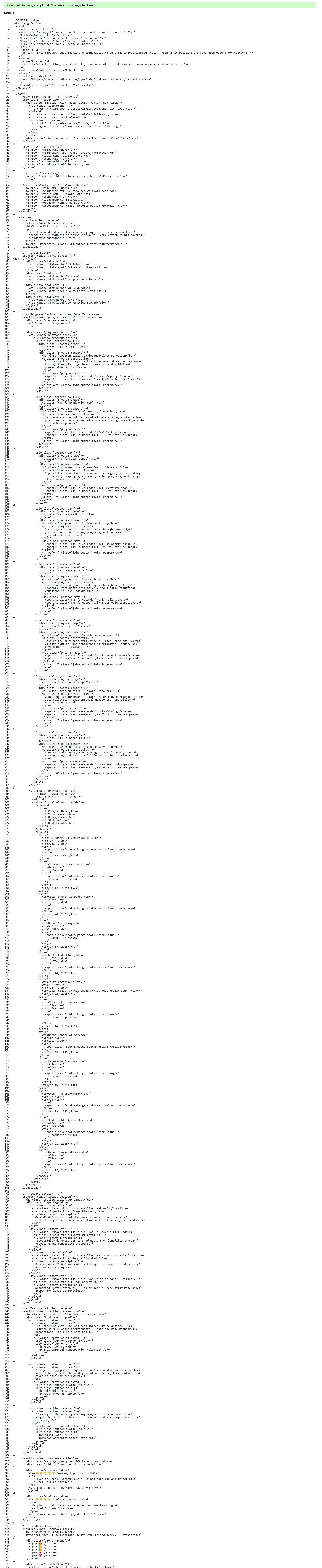 Volunteer page validation results